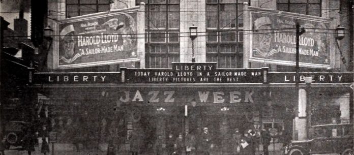 Liberty Theater (Paramount) in Youngstown showing the silent comedy “A Sailor-Made Man” (1921) with Harold Lloyd. Public-domain image. Published by the trade publication Exhibitors Herald on Feb. 18, 1922.