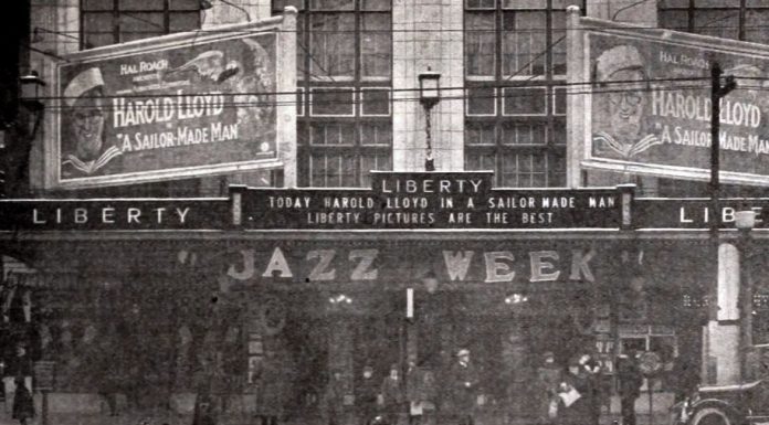 Liberty Theater (Paramount) in Youngstown showing the silent comedy “A Sailor-Made Man” (1921) with Harold Lloyd. Public-domain image. Published by the trade publication Exhibitors Herald on Feb. 18, 1922.